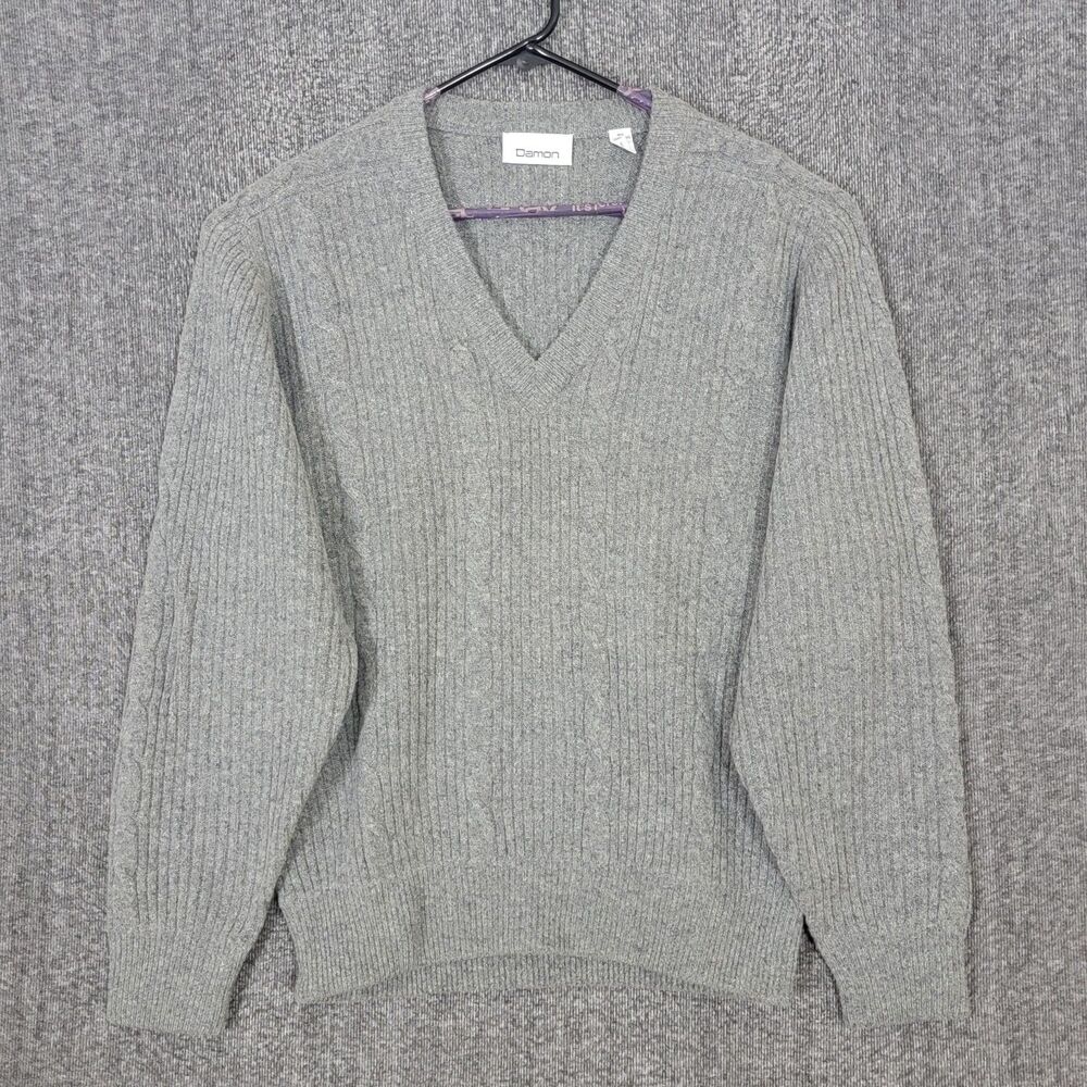 Vintage Damon Sweater Mens L Gray 100% Lambs Wool Long Sleeve V-Neck Pullover